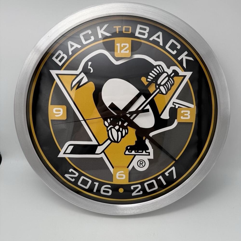 WinCraft Chrome 14” Clock NHL Pittsburgh Penguins Back To Back Champions - Picture 1 of 7